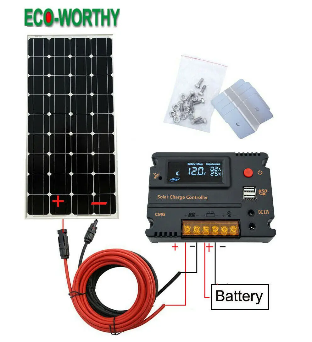 Комплект солнечных панелей ECOWORTHY 100 Вт, 12 В, зарядка от аккумулятора, 10 А/20 А, контроллер, караван, лодка, домашняя, RV, солнечная батарея, 200 Вт, 300 Вт, солнечное зарядное устройство - Цвет: 100W Complete Kit