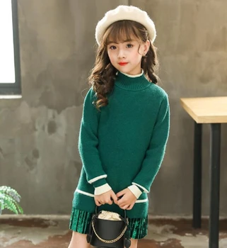 

Girls sweater thickening long velvet hem high collar 2019 autumn and winter new