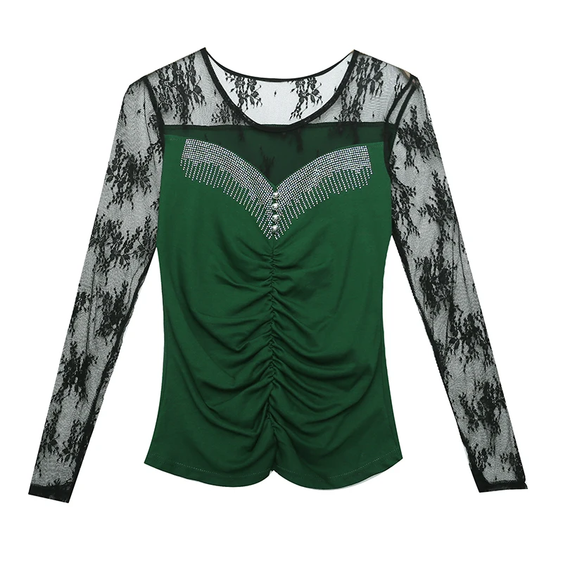 New 2020 Autumn long sleeve Women t-shirts Fashion Sexy hollow out Hot drilling Mesh shirt Plus size womens shirt blusas