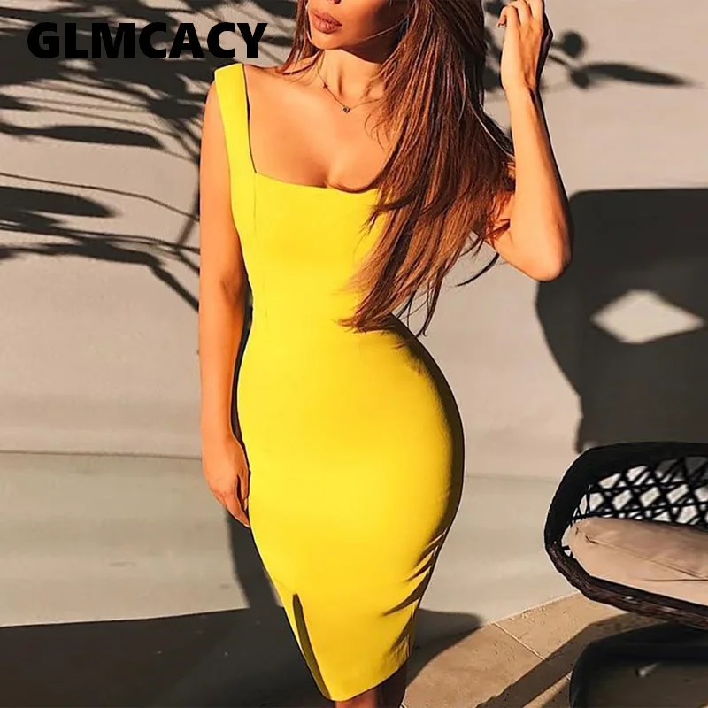 

Women Solid Thin Strap Bodycon Dress Square Collar Yellow Tight Dress Summer Sexy Night Club Short Vestidos De Verano