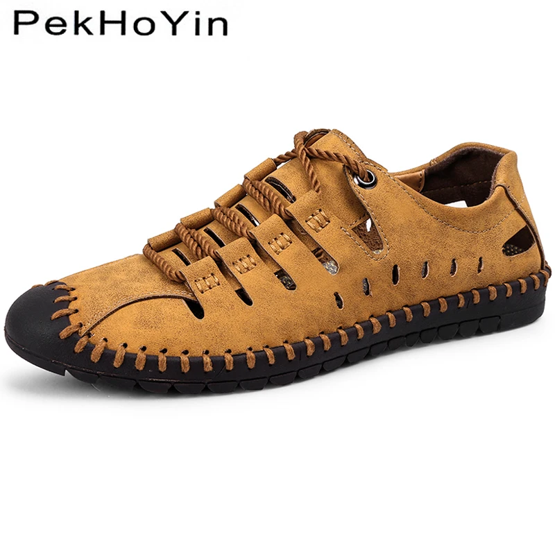 

Men Sandals Shoes High Quality Leather Soft Summer Male Water Shoes Rubber Men Slippers Outdoor Beach Shoes Closed Toe Sandals