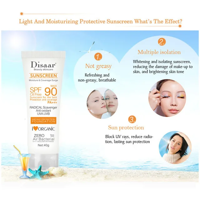 Disaar Sunscreen Lightweight Waterproof Against Sun Protection Long Lasting Block UV Rays Reduce Radiation Prevent Skin
