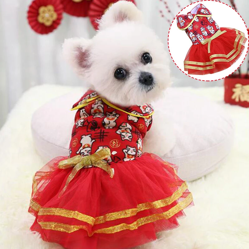 赤犬ドレス中国唐スーツペット犬服冬暖かいためヨーキー新年の服のスカートの服子犬 犬用パーカー Aliexpress