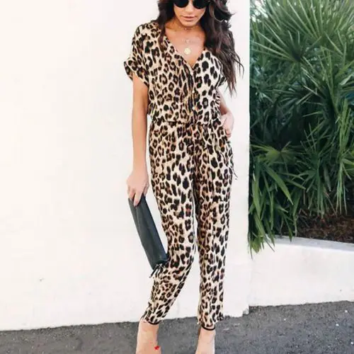 Fashion Overalls For Women office Jumpsuit Pocket V Neck Rompers Casual leopard print 2020 New Womens trousers | Женская одежда