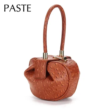

Retro Chic Ostrich Pattern Cowhide Leather Top-handle Handbags for Women Leisure Round Dumplings Ladies Tote Bag Small