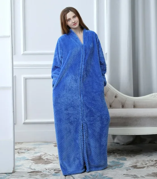 sky blue woman Мужские пижамы на молнии свободного размера плюс фланелевые Осень/Зима Новая модная ночнушка пара утолщение пижамы халат - Цвет: sky blue woman