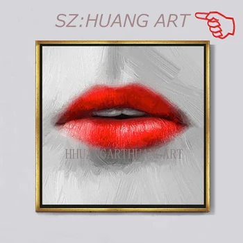 

Pure Hand-painted High Quality Modern Wall Art Red Lip Oil Painting on Canvas Modern Red Lip Kiss Oil Painting for Friend Gift