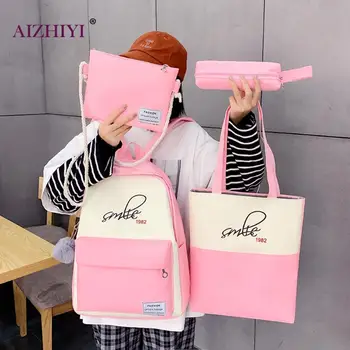 

4pcs/Set Letters Print Hit Color Women Female Casual Canvas Large Capacity Shoulder Messenger Bags