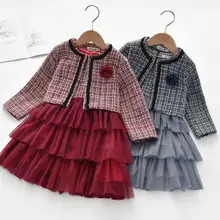 Клетчатое платье для маленьких девочек+ пальто новое многослойное платье принцессы без рукавов комплект из 2 предметов, одежда для малышей От 2 до 6 лет, E8320