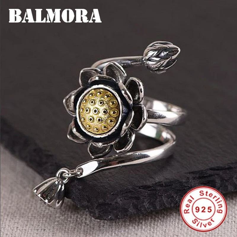 BALMORA 925 стерлингового серебра Вращающийся Лотос открытые, кольца на палец для женщин леди специальный подарок винтажная мода Anillos ювелирные изделия