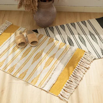 

Cotton Thread Handmade Weave Modern Simple Yellow Black Geometric Artistic Tufting Carpet Kitchen Door Floor Bedding Mat