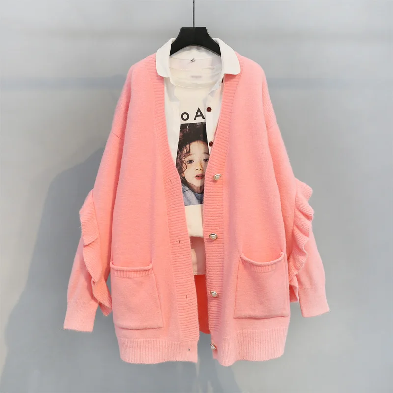 pink Neploe, кардиган с оборками и карманами, Feminino, свободный свитер, для женщин, зима, большой размер, вязаное пальто,, осень, зима, вязаная одежда, верхняя одежда, 55482 - Цвет: pink