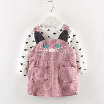 

Spring And Autumn Korean-style Infants Child Heart T-shirt Corduroy Cat Skirt Two-Piece Set Female Baby Kitten Tank Dress Set