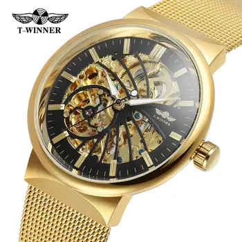 

T-WINNER Chinese Wholesale Watches Popular Skeleton Gold Watches Luxury Mesh Strap Wrist Watch for Men 3ATM Water Resistant