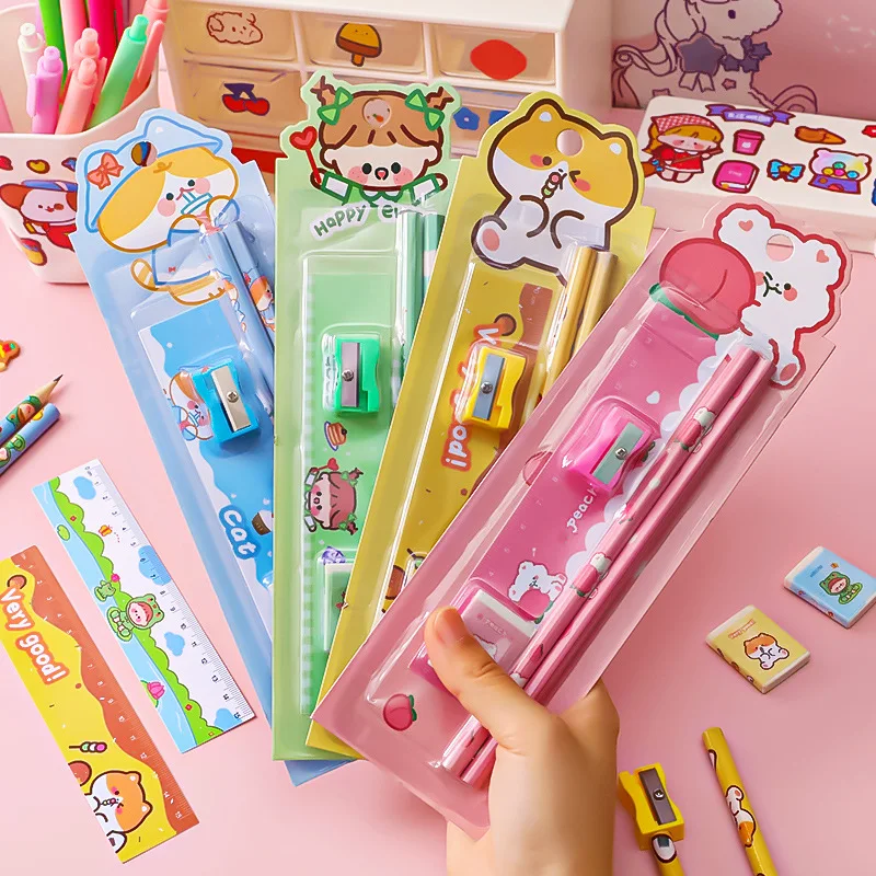 5 In 1 Cartoon Pencil Sharpener Set Students Learn Stationery Eraser Ruler Children Drawing Sketch Supplies Kindergarten Gifts
