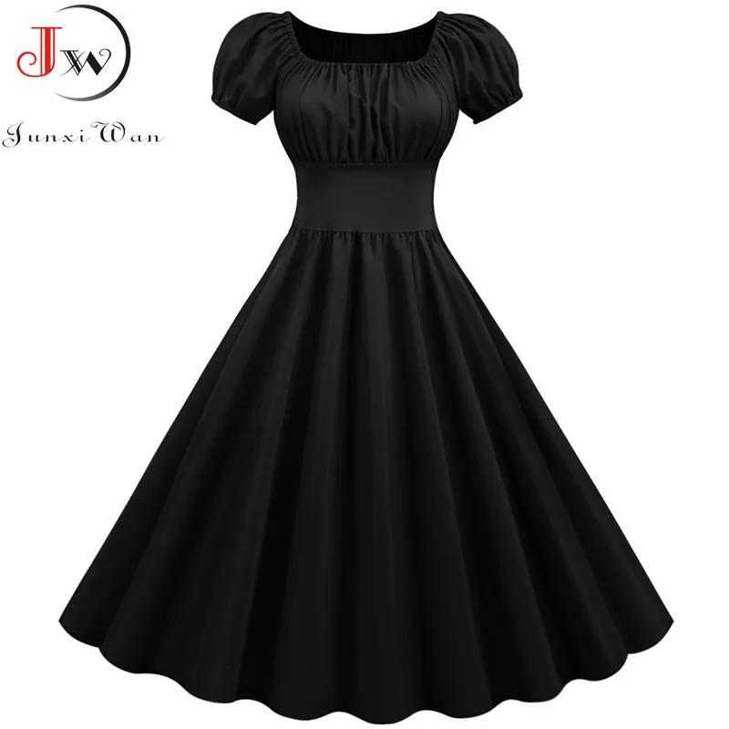 Women Vintage Dress Robe Femme Summer Puff Sleeve Square Collar Solid Red Color Elegant Party Plus Size Casual Office Midi Dress