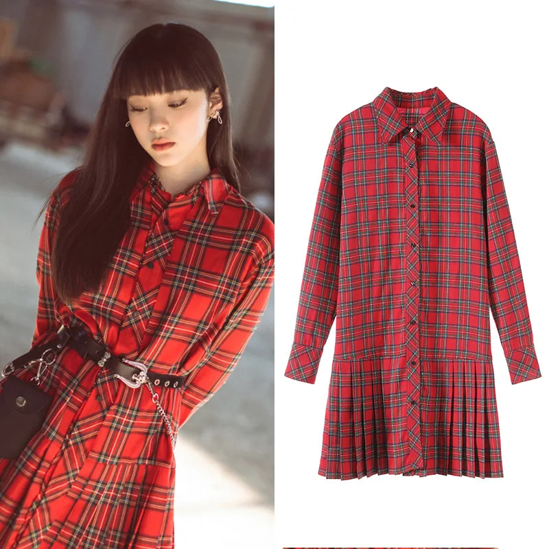 

New lapel long sleeve splicing into a particular color red plaid G0777 pleated dress