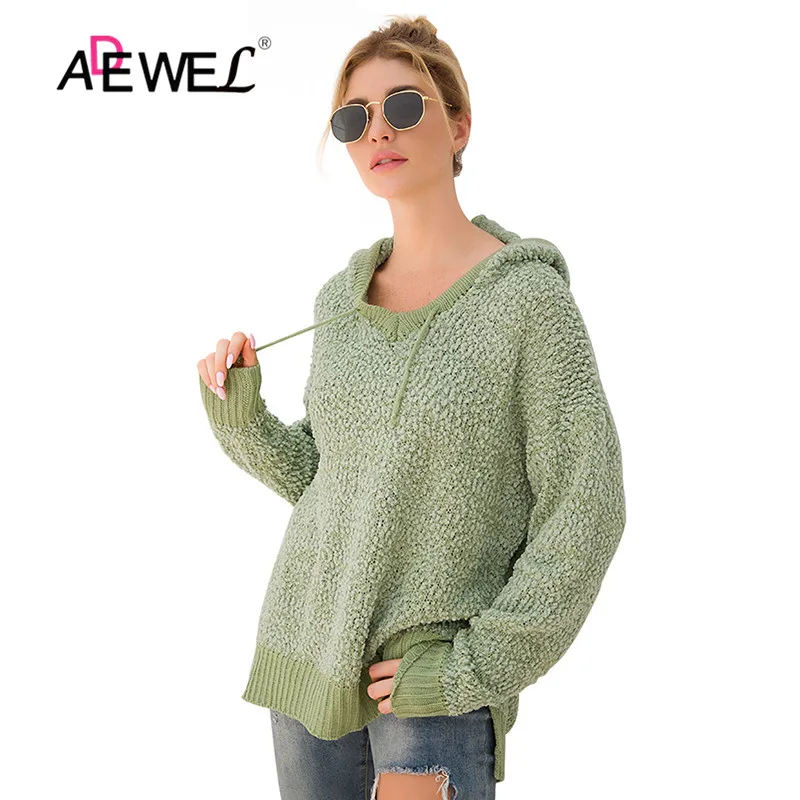 light green ADEWEL, оранжевый, черный, зеленый, осенний, зимний женский свитер, длинный рукав, пуловер с капюшоном, свитера, женские повседневные свободные вязаные топы - Цвет: light green