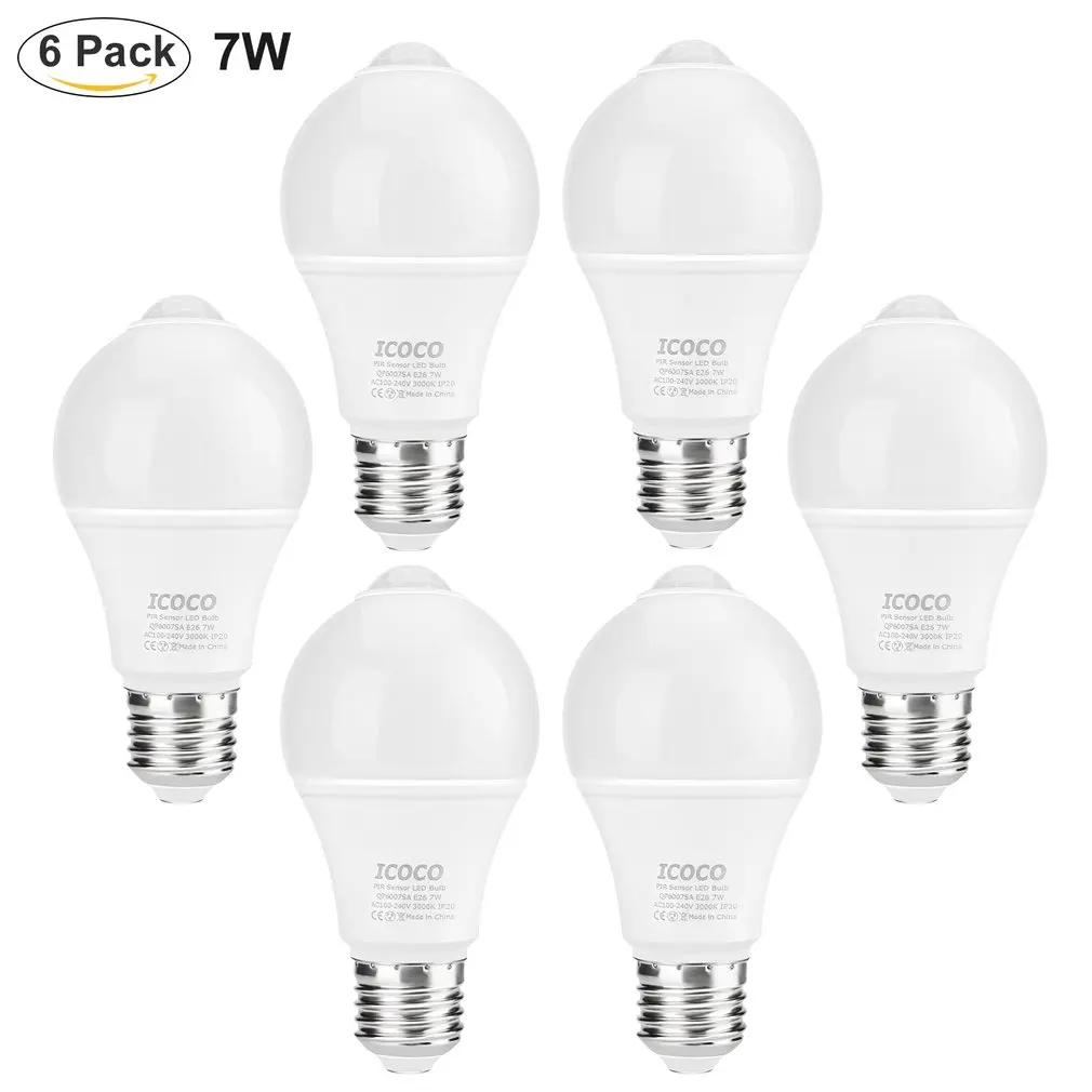 ICOCO 6pcs PIR Motion Sensor LED Bulb Lights Bulb E26 7W 3000K for Front Door Garage Carport Basement Corridor Hallway Closet