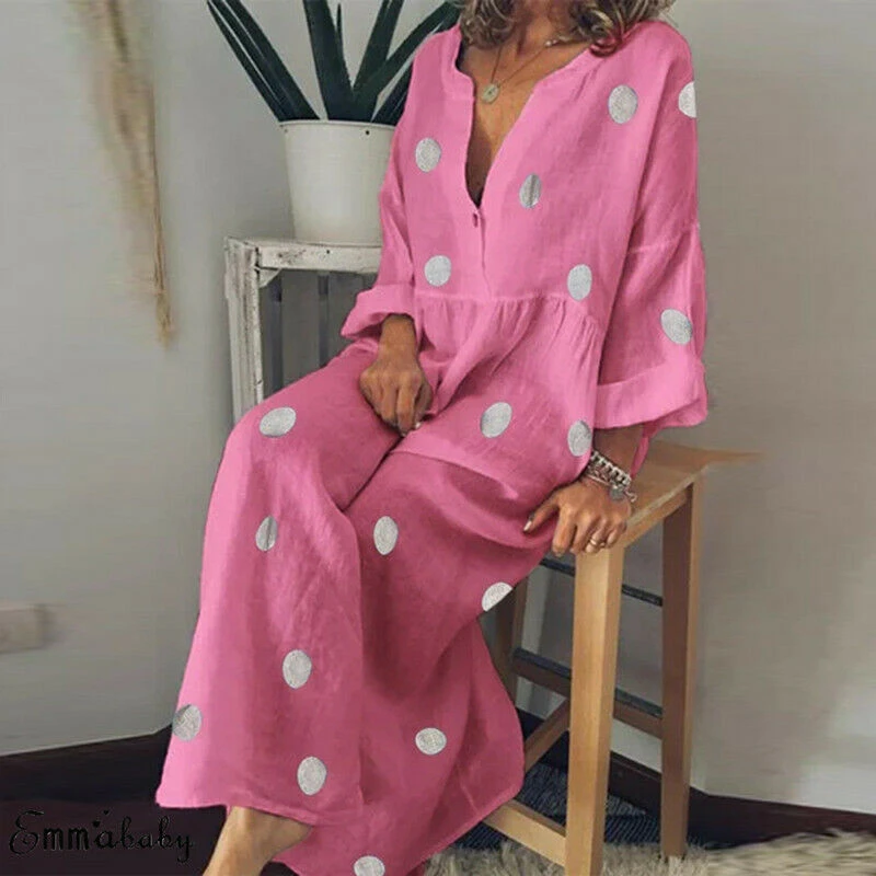 

Women Dress Long Sleeve Boho Long Maxi Dress Summer Polka Dot Print Beach Party Sundress Plus Size Dresses Loose Dresses