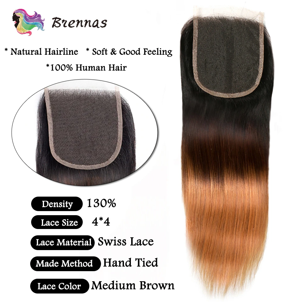 Brennas человеческие волосы пряди с закрытием двойные прямые пряди с закрытием бразильские волосы Remy Омбре 1b 4 27 высокое соотношение