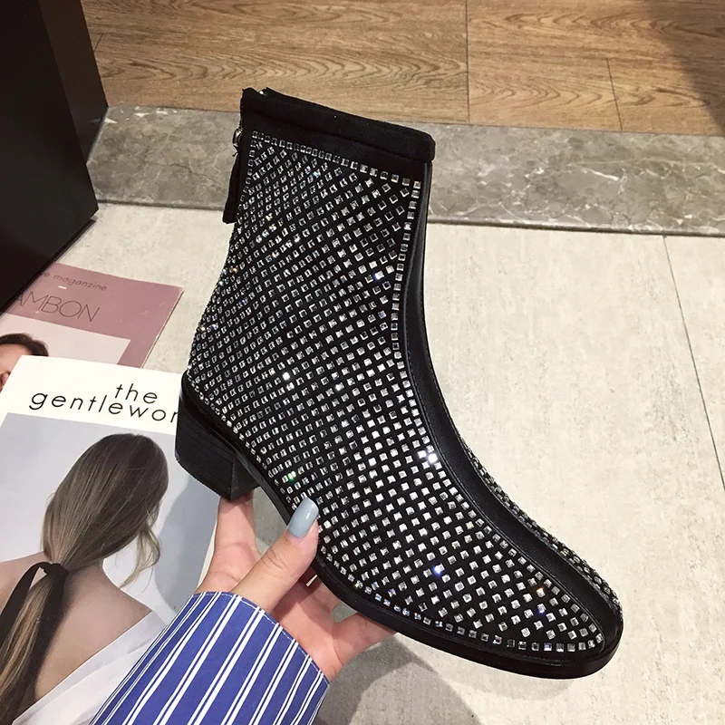 

2019 Women Luxurious Rhinestone High Heels Glitter Fetish Boots Bling Heels Luxury Bling Ankle Boots Chunky Shoes Wedding Shoes
