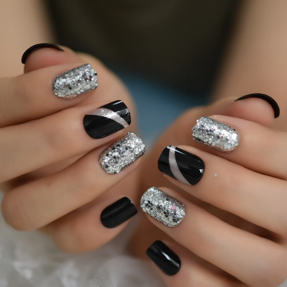 Новое поступление, модные блестящие накладные ногти, черные сверкающие короткие ногти, декоративные квадратные гладкие серые искусственные ногти