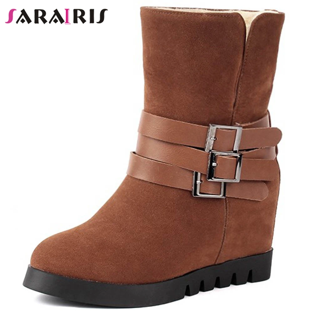 

SARAIRIS Fur Shoes Woman 2020 Hidden Wedge High Heel Boots Round Toe Platform Buckle Blet Strappy Mid Calf Winter Snow Boots