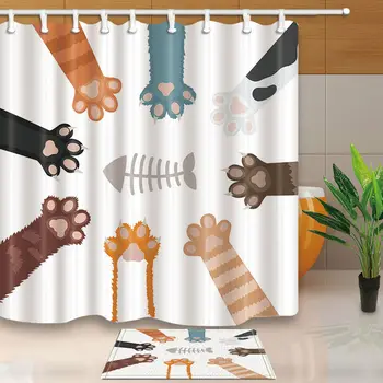 

Cartoon cat claws and fish bones Shower Curtain Bathroom Fabric & 12hooks