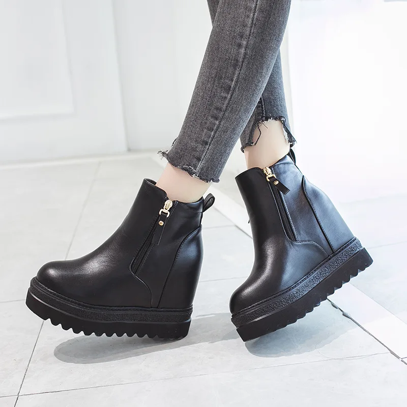 

Bootee Woman 2019 Round Toe High Heel Boots Wedge Shoes Winter Women Booties Ladies Zipper Clogs Platform Luxury Designer Heels