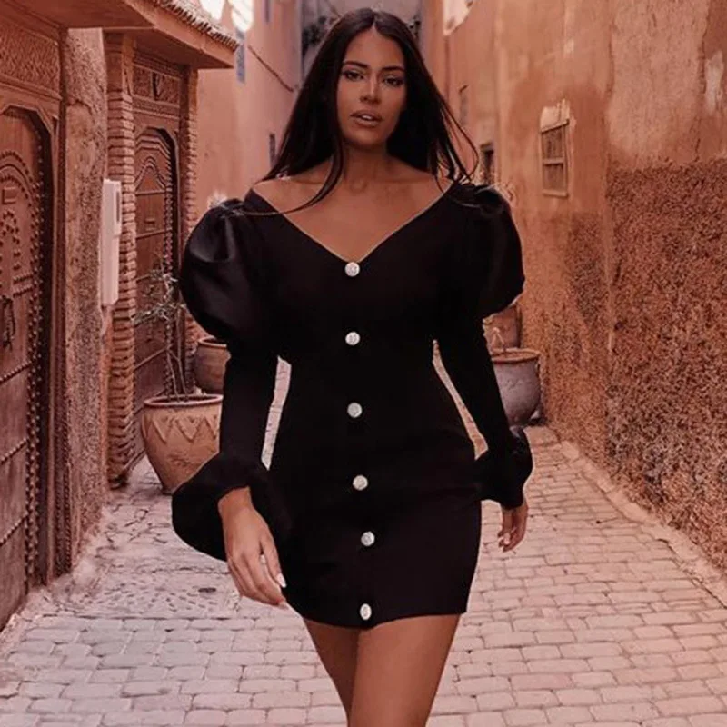 

Gothic Black Women V-Neck Splice Long Sleeve Single-breasted Slim Mini Dress Goth Female Dark Flare Sleeve Bodycon Dresses
