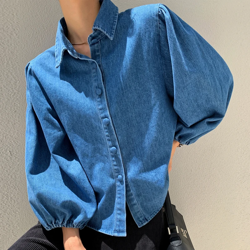 

Lantern Sleeve Office Lady Blouse 2021 Spring Autumn Women Solid Vintage Loose Denim Shirt Turn Down Collar Shirts Workwear Tops