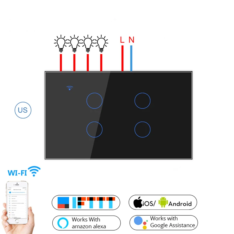 США/AU Стандартный Tuya/приложение Smart Life дистанционного Управление светильник выключатель, 1/2/3/4, 1 канал, умный дом Wi-Fi настенный сенсорный переключатель