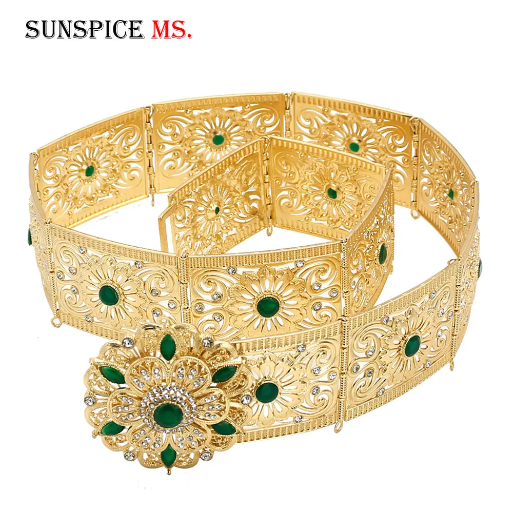 XY099green SUNSPICE-MS, Ретро стиль, золото, серебро, цвет, для женщин, Цветок, металлическая цепочка на талию, пояс, стразы, этнические, свадебные, кафтан, абайя, украшения для тела - Окраска металла: XY099green