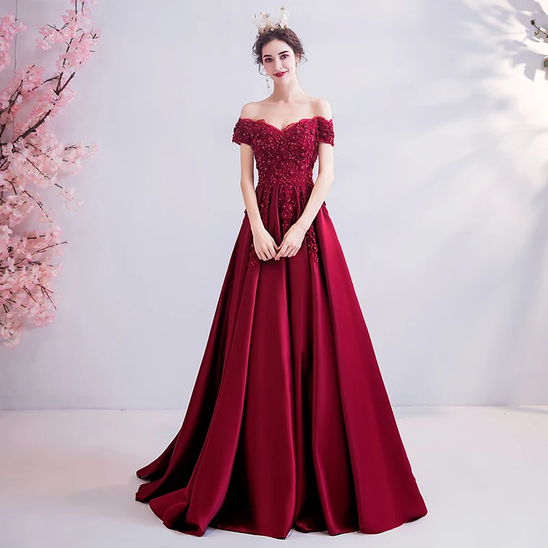 SSYFashion Новое атласное вечернее платье, для банкета элегантное бордовое кружевной вырез лодочкой с аппликацией из пайеток роскошное торжественное платье Robe De Soiree