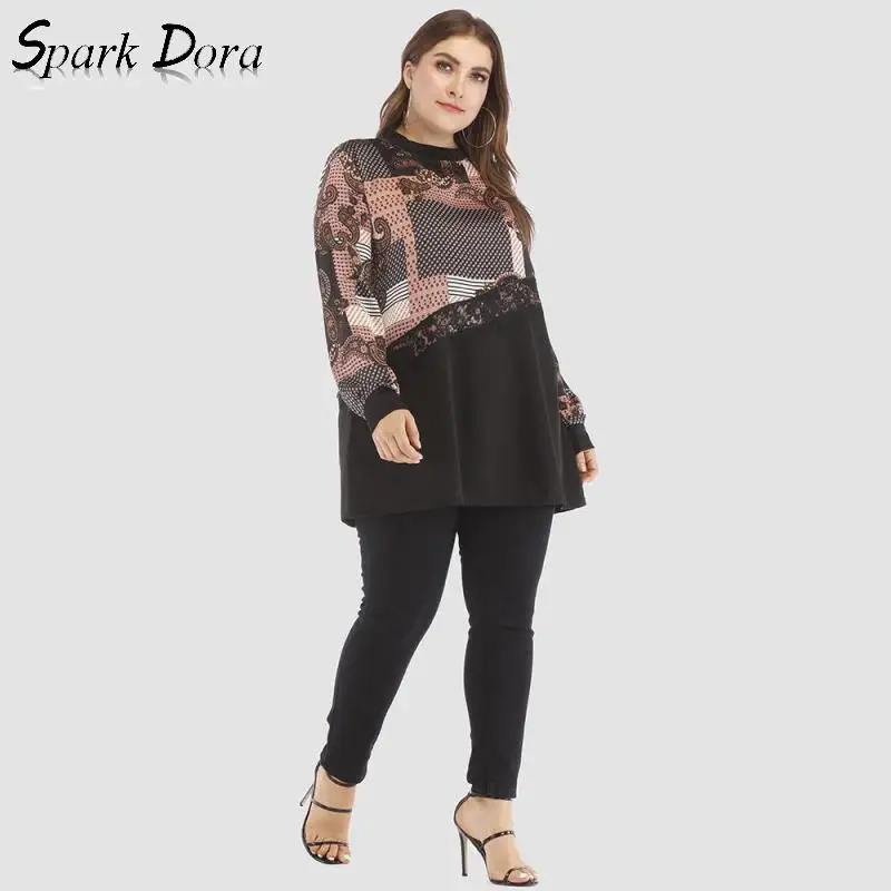 SparkDora Women Clothes Plus Size T-shirt Loose Comfortable Slim Stitching Lace Shirt
