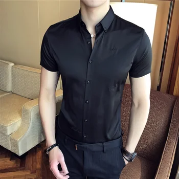 

England Style Black Shirt Men Wrinkle-Resistant Short Sleeve Mens Dress Shirts Solid Embroidery Slim Fit Business Social Shirt