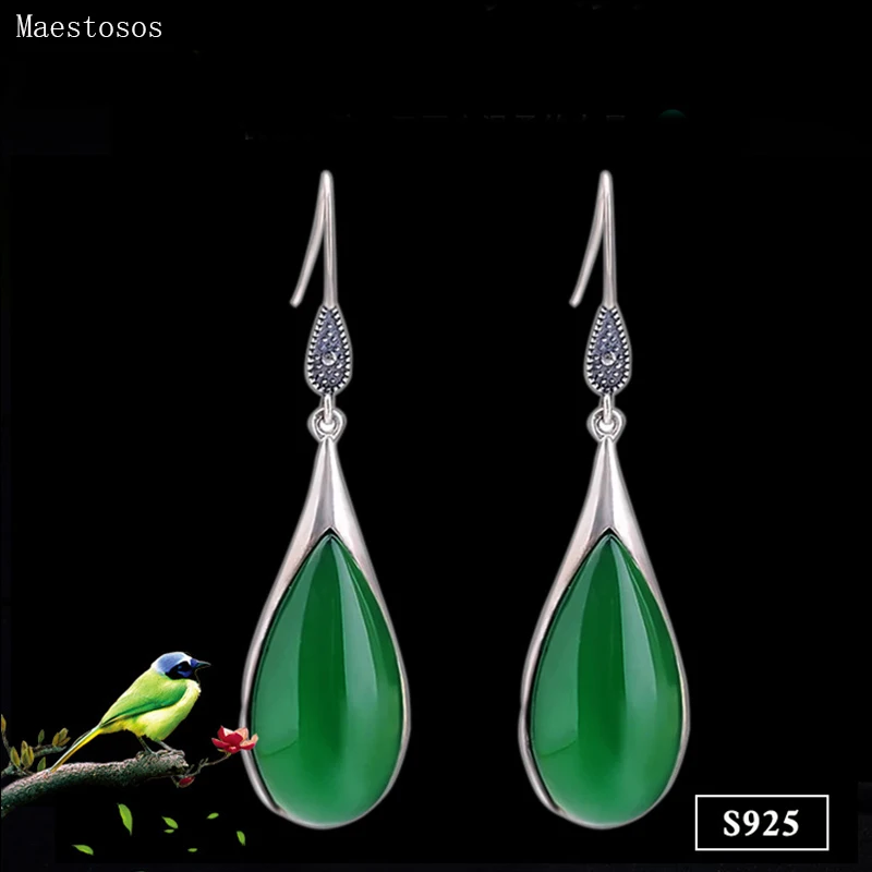 

Maestosos Silver Jewelry Women's Earrings Pure Silver Natural Green Agate Earrings Vintage Style Topper Agate Water Drop Earring