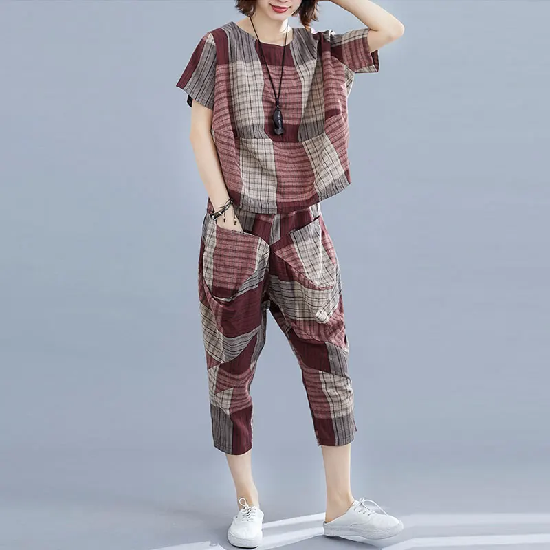 Summer Casual Plaid Tracksuit Ensemble Femme Pieces Womens 2Piece Set Top + Pants Female Plus Size Two Piece Outfits Tracksuits |