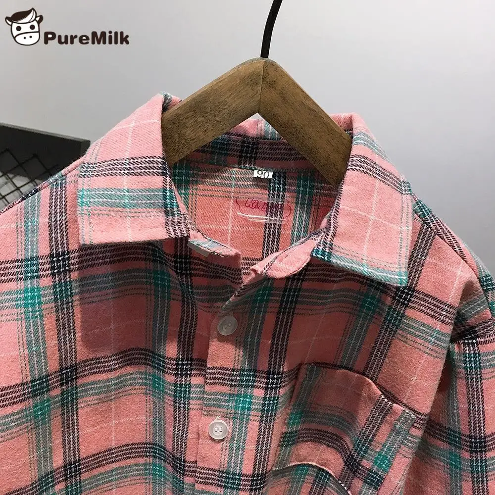 PureMilk/рубашка в клетку; розовый топ для мальчиков; хлопковая детская одежда с длинными рукавами