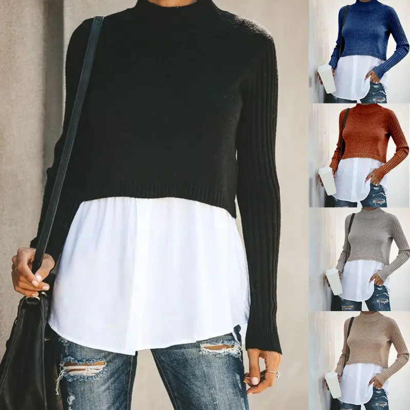Jersey de retales 2 en 1 de otoño para mujer, Tops tejidos acanalados de manga larga, suéter con botones, camiseta con capas, Jumper para dama de oficina