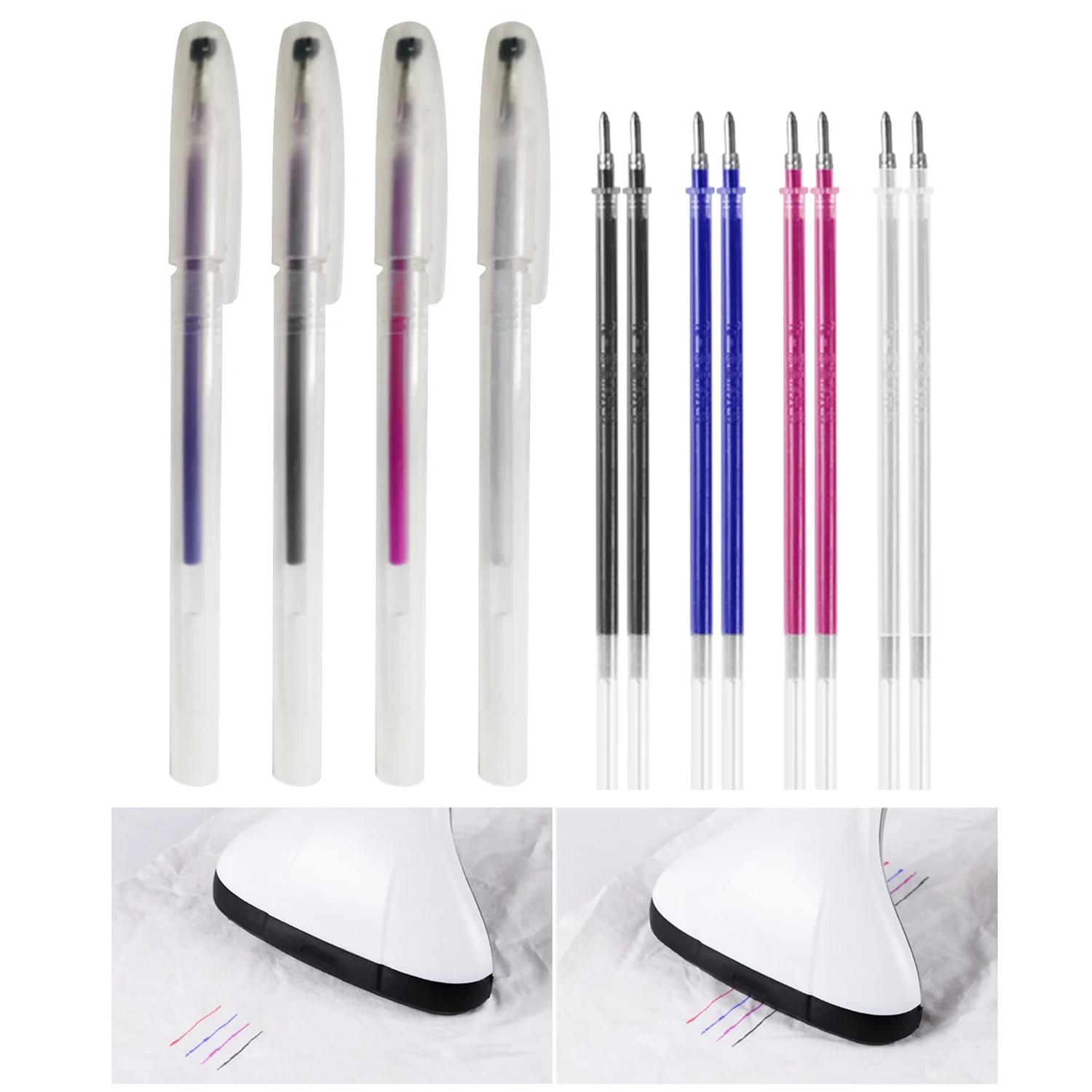 

4PCS Heat Erasable Fabric Marking Pens with 8PCS Refills for Tailors Sewing Quilting Dressmaking Blue White Red Black 4 Colors