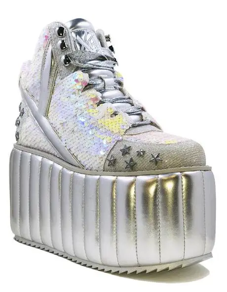 

New Girls Retro 9 cm Height Increasing Thick Sole Platform Shoes Woman Lace Up Round Toe Sequins Stars High Top Sneakers Lady