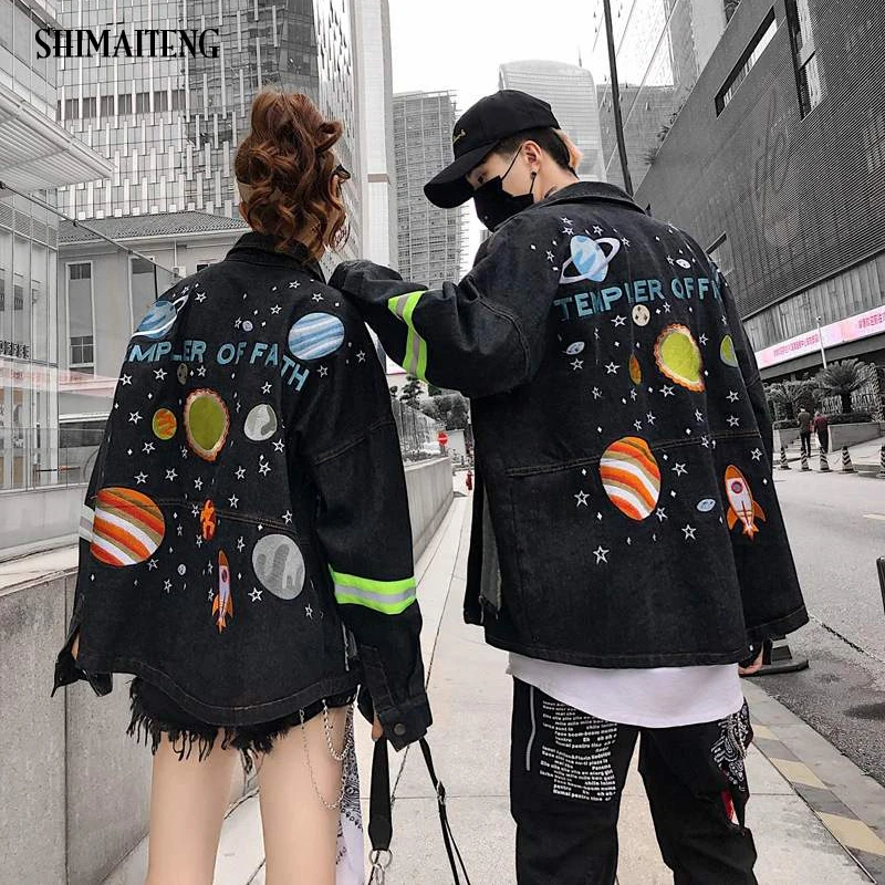 

Women Starry Sky Black High Quality Loose Denim Jacket Planet Print Streetwear Panel Pocket Button Denim Jacket Coat Outerwear