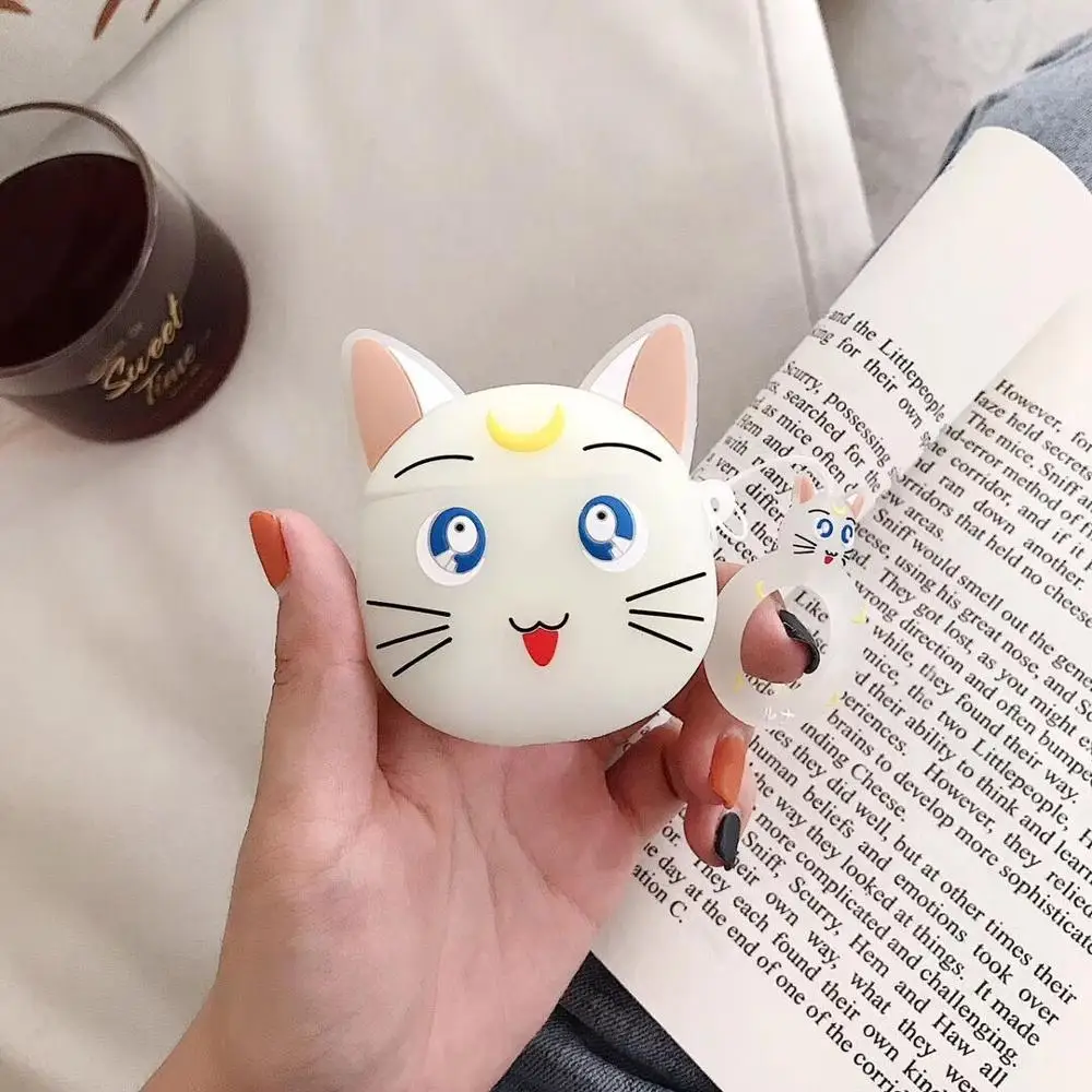 Для AirPods Чехлы Сейлор Мун светящиеся Luna Cat Bluetooth беспроводные наушники зарядное устройство коробка крышка для Apple Airpods 2 ремешок для пальца - Цвет: Белый
