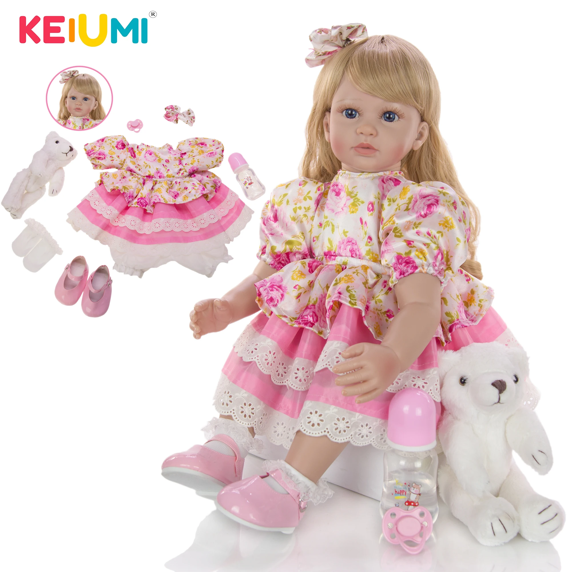 KEIUMI 24 дюйма милые куклы Reborn Baby 60 см мягкие силиконовые виниловые золотые локоны