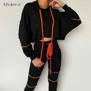 

Mnealways18 Drawstring 2 Piece Set Women Tracksuit Stripe Sports Suit Female Batwing Sleeve Hoodies Pencil Pants Streetwear 2020