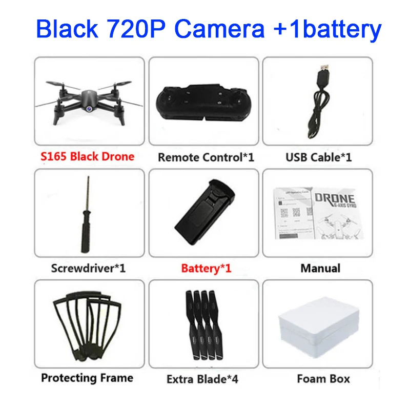 black 720P battery 1 4K Drone S165 оптическое позиционирование потока двойная камера интеллектуальное следование RC вертолет HD Антенна Квадрокоптер с камерой 1080p Дрон 4k - Цвет: black 720P battery 1
