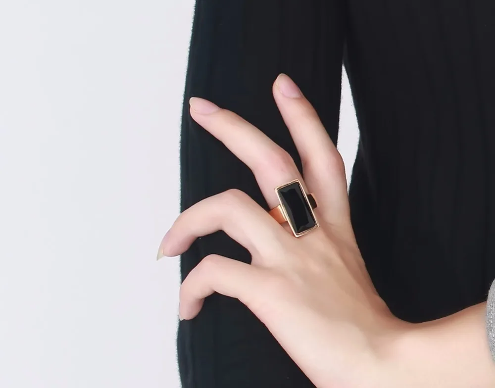 Mens Womens Rings Stainless Steel Gold-color Rectangular Black Glass Crystal Ring for Women Fashion Jewelry,Best Friend Gift anel masculino 19