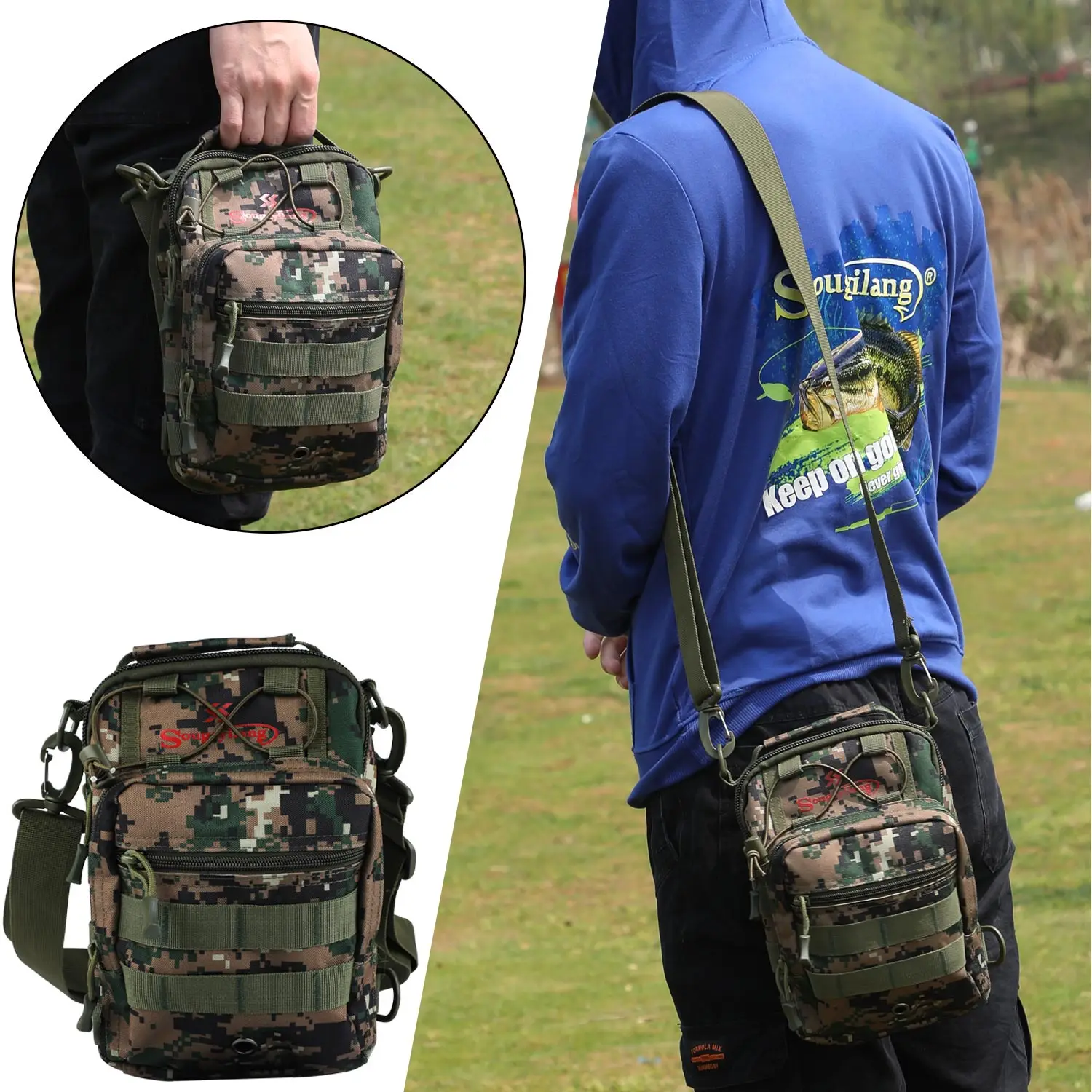 Sougayilang Waterproof Fishing Bag Multi-Purpose 2 Layer Nylon Bag Outdoor Fishing Tackle Single Shoulder Bag Green/ Grey